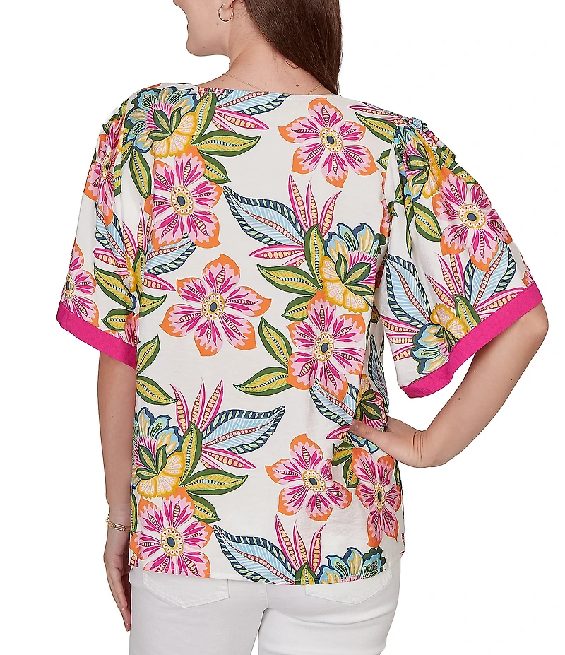 Ruby Rd. Petite Size Silky Voile Tropical Floral Split V-Neck Elbow Sleeve Blouse