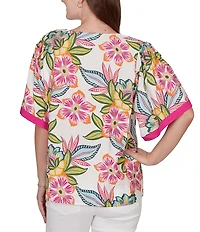 Ruby Rd. Petite Size Silky Voile Tropical Floral Split V-Neck Elbow Sleeve Blouse