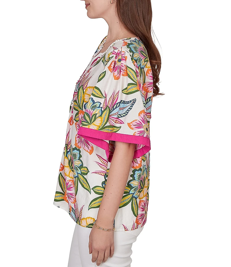 Ruby Rd. Petite Size Silky Voile Tropical Floral Split V-Neck Elbow Sleeve Blouse
