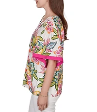 Ruby Rd. Petite Size Silky Voile Tropical Floral Split V-Neck Elbow Sleeve Blouse
