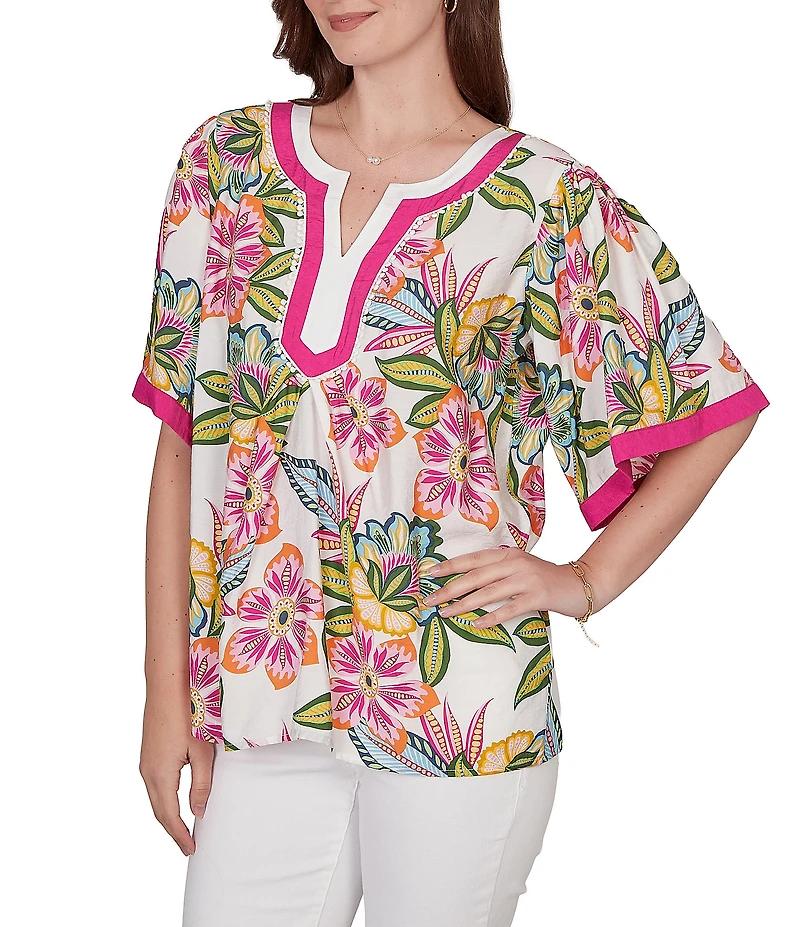 Ruby Rd. Petite Size Silky Voile Tropical Floral Split V-Neck Elbow Sleeve Blouse