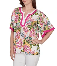 Ruby Rd. Petite Size Silky Voile Tropical Floral Split V-Neck Elbow Sleeve Blouse