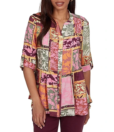 Ruby Rd. Petite Size Silky Voile Woven Patchwork Tropical Print Split V-Neck 3/4 Roll-Tab Sleeve Button Front Shirt