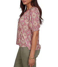 Ruby Rd. Petite Size Slub Jersey Geometric Scoop Neck Short Sleeve Lace Inset Top