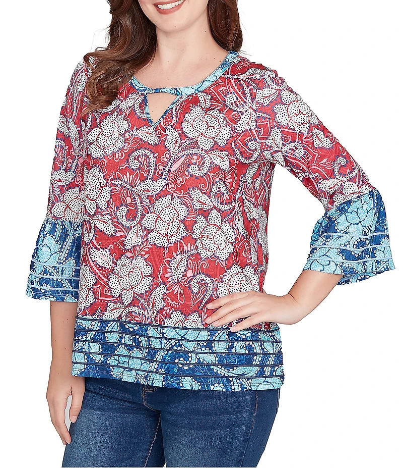 Ruby Rd. Petite Size Slub Jersey Knit Floral Keyhole Neck 3/4 Sleeve Top