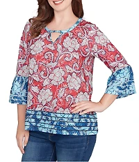 Ruby Rd. Petite Size Slub Jersey Knit Floral Keyhole Neck 3/4 Sleeve Top