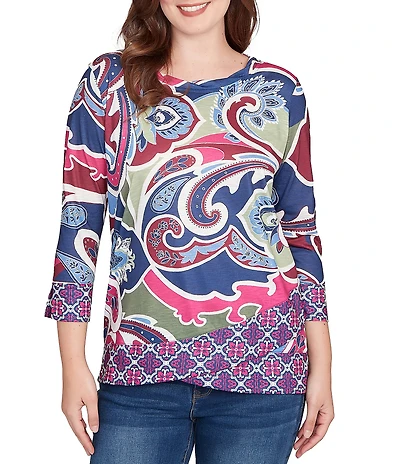 Ruby Rd. Petite Size Slub Jersey Knit Geo Paisley Scoop Neck 3/4 Sleeve Top