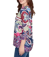 Ruby Rd. Petite Size Slub Jersey Knit Geo Paisley Scoop Neck 3/4 Sleeve Top