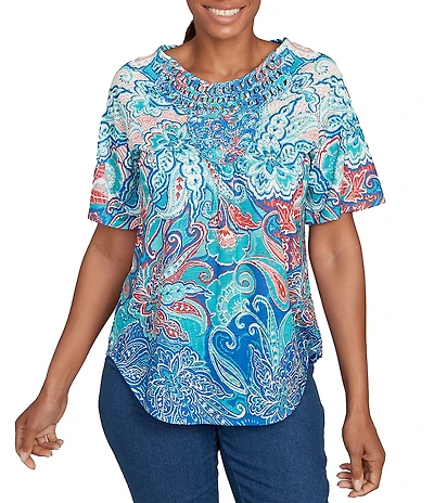 Ruby Rd. Petite Size Slub Jersey Knit Paisley Border Print Scoop Neck Short Sleeve Tee