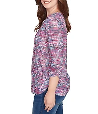 Ruby Rd. Petite Size Slub Jersey Knit Paisley Keyhole Neck 3/4 Ruched Sleeve Top