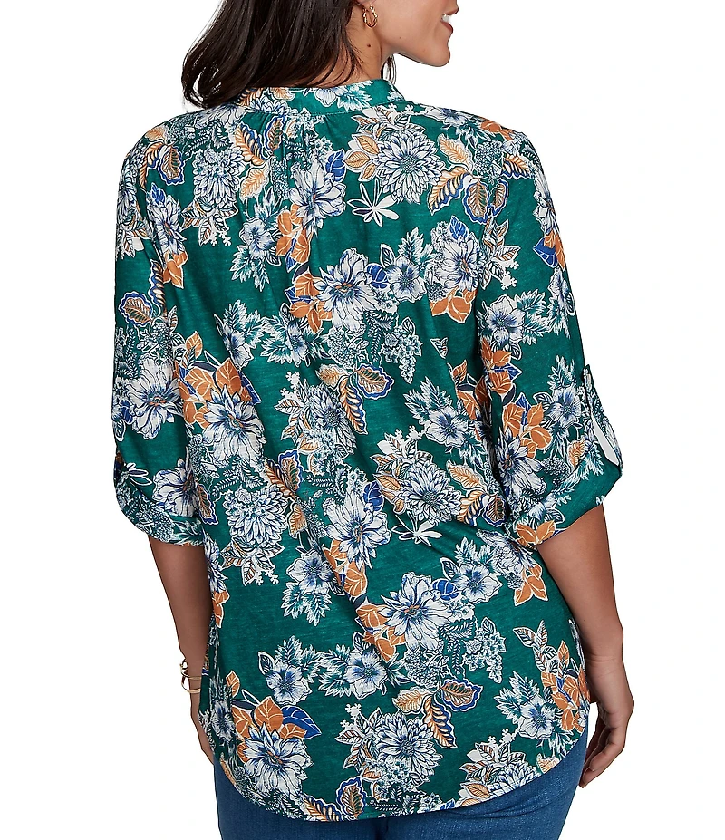 Ruby Rd. Petite Size Slub Knit Kensington-Inspired Floral Split V-Neck 3/4 Roll-Tab Sleeve Button-Front Shirt