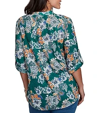 Ruby Rd. Petite Size Slub Knit Kensington-Inspired Floral Split V-Neck 3/4 Roll-Tab Sleeve Button-Front Shirt