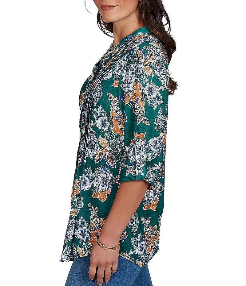 Ruby Rd. Petite Size Slub Knit Kensington-Inspired Floral Split V-Neck 3/4 Roll-Tab Sleeve Button-Front Shirt