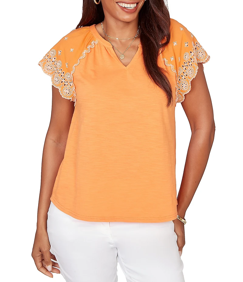 Ruby Rd. Petite Size Slub Knit Split V-Neck Short Embroidered Sleeve Top