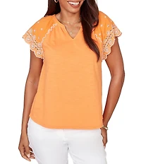 Ruby Rd. Petite Size Slub Knit Split V-Neck Short Embroidered Sleeve Top