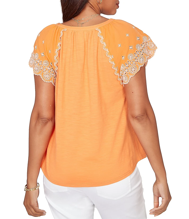 Ruby Rd. Petite Size Slub Knit Split V-Neck Short Embroidered Sleeve Top