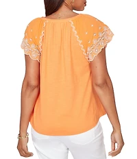 Ruby Rd. Petite Size Slub Knit Split V-Neck Short Embroidered Sleeve Top