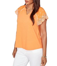 Ruby Rd. Petite Size Slub Knit Split V-Neck Short Embroidered Sleeve Top