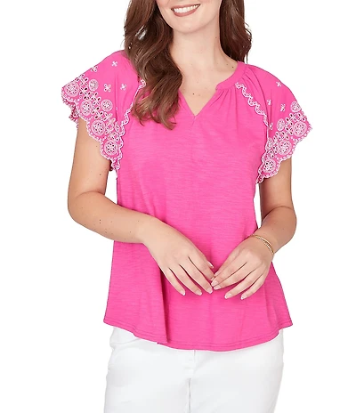 Ruby Rd. Petite Size Slub Knit Split V-Neck Short Embroidered Sleeve Top
