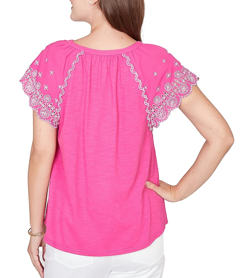 Ruby Rd. Petite Size Slub Knit Split V-Neck Short Embroidered Sleeve Top