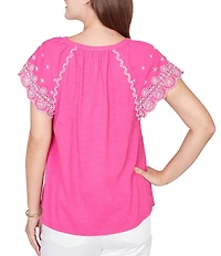 Ruby Rd. Petite Size Slub Knit Split V-Neck Short Embroidered Sleeve Top