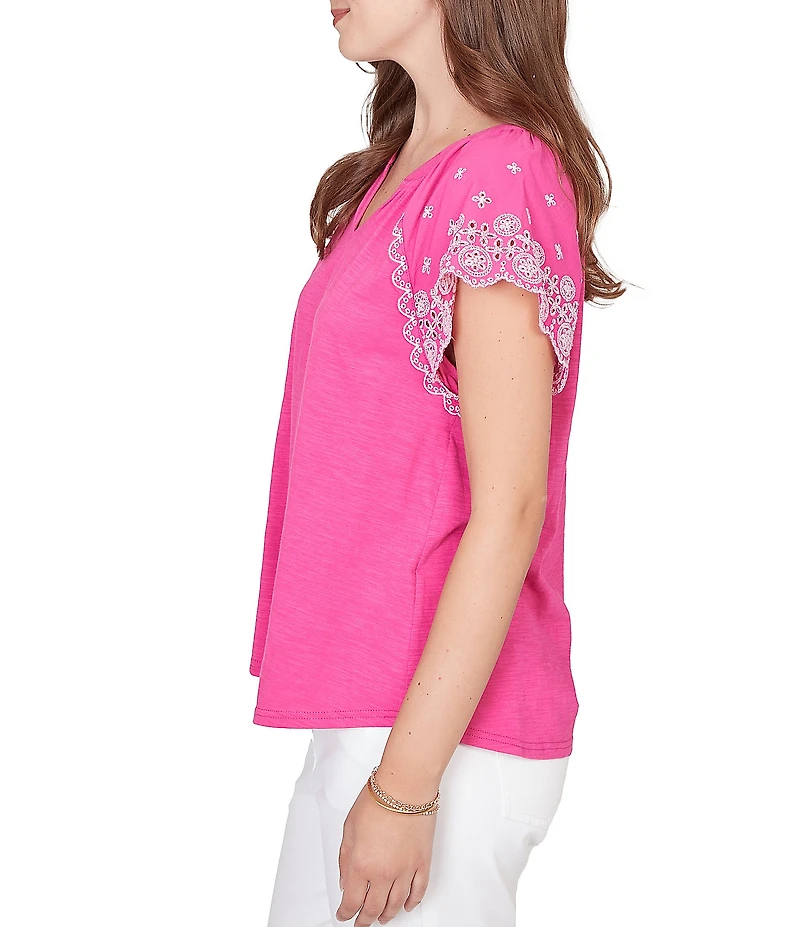 Ruby Rd. Petite Size Slub Knit Split V-Neck Short Embroidered Sleeve Top