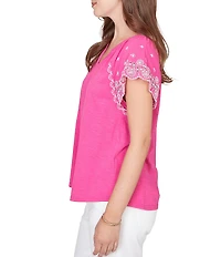 Ruby Rd. Petite Size Slub Knit Split V-Neck Short Embroidered Sleeve Top