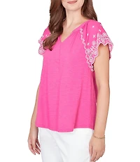 Ruby Rd. Petite Size Slub Knit Split V-Neck Short Embroidered Sleeve Top