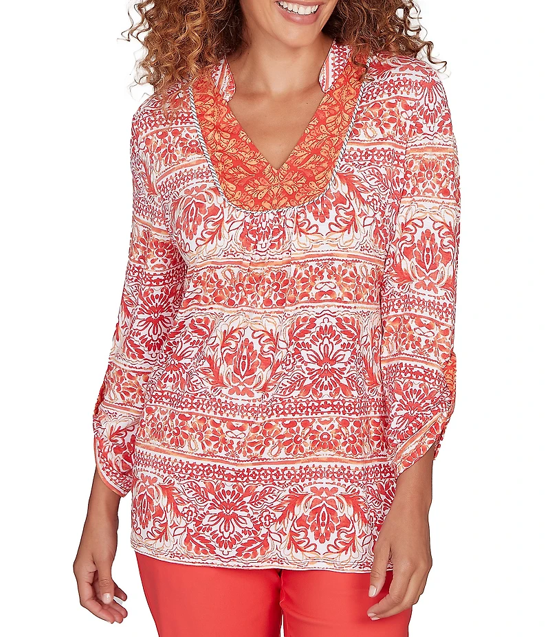 Ruby Rd. Petite Size Slub Knit Woodblock V-Neck 3/4 Roll-Tab Sleeve Top