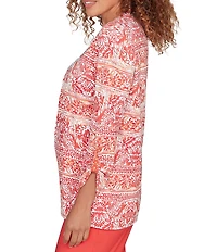 Ruby Rd. Petite Size Slub Knit Woodblock V-Neck 3/4 Roll-Tab Sleeve Top