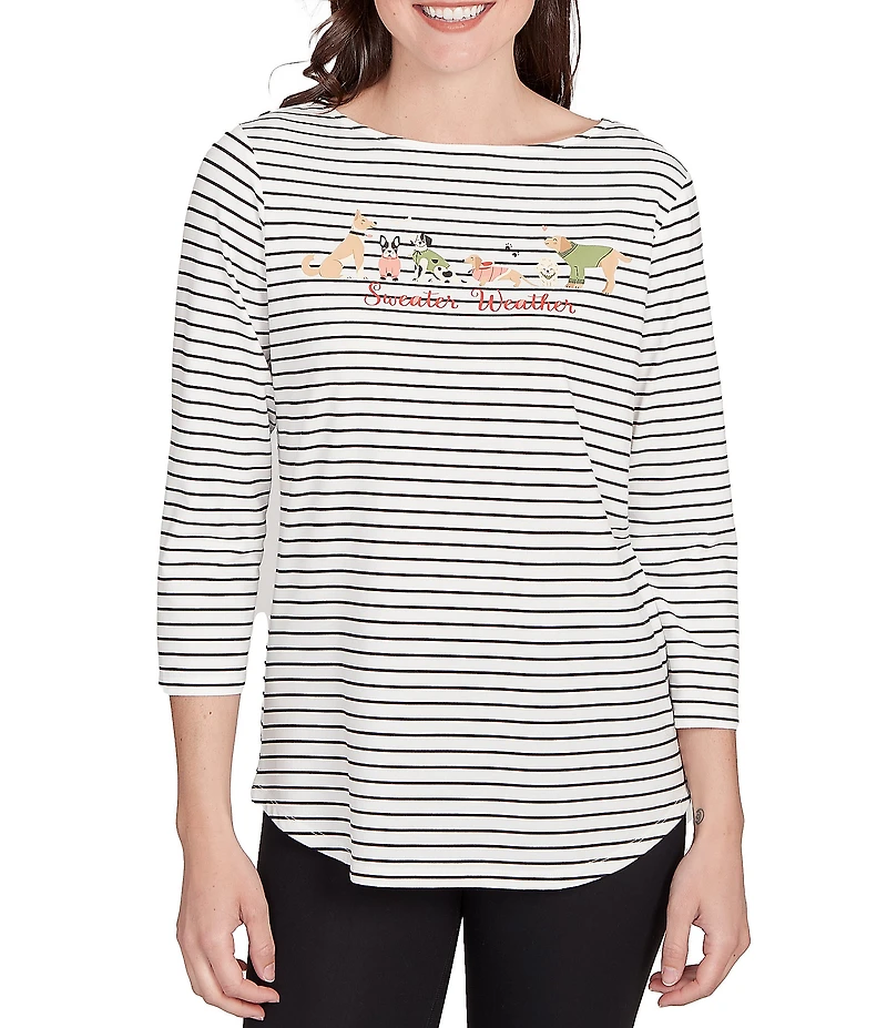 Ruby Rd. Petite Size Soft Cotton Blend Boat Neck 3/4 Sleeve Pups Stripes Top