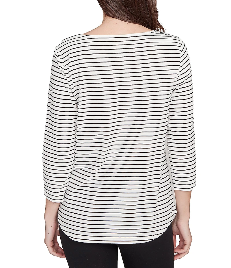 Ruby Rd. Petite Size Soft Cotton Blend Boat Neck 3/4 Sleeve Pups Stripes Top