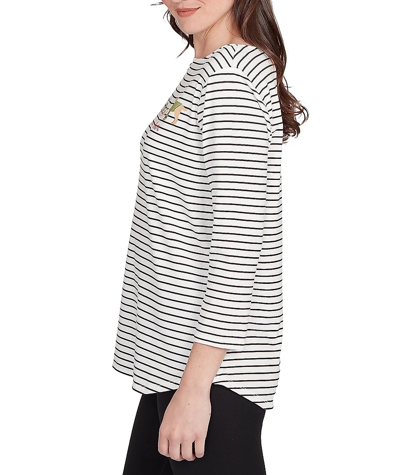 Ruby Rd. Petite Size Soft Cotton Blend Boat Neck 3/4 Sleeve Pups Stripes Top