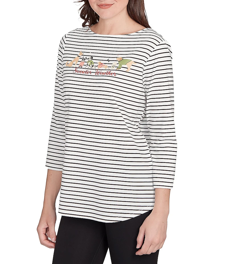 Ruby Rd. Petite Size Soft Cotton Blend Boat Neck 3/4 Sleeve Pups Stripes Top