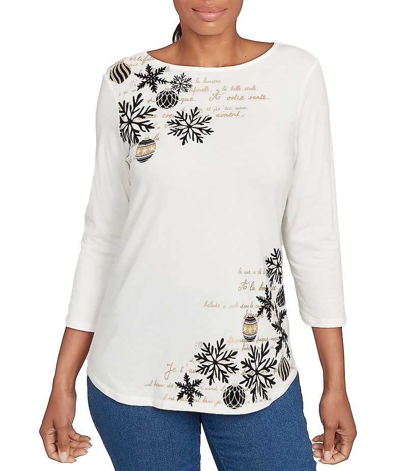 Ruby Rd. Petite Size Soft Cotton Blend Snowflake Boat Neck 3/4 Sleeves Top