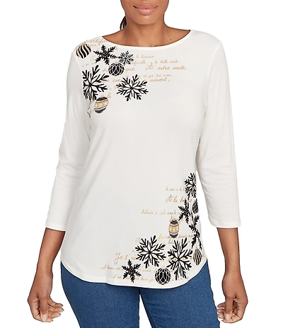 Ruby Rd. Petite Size Soft Cotton Blend Snowflake Boat Neck 3/4 Sleeves Top