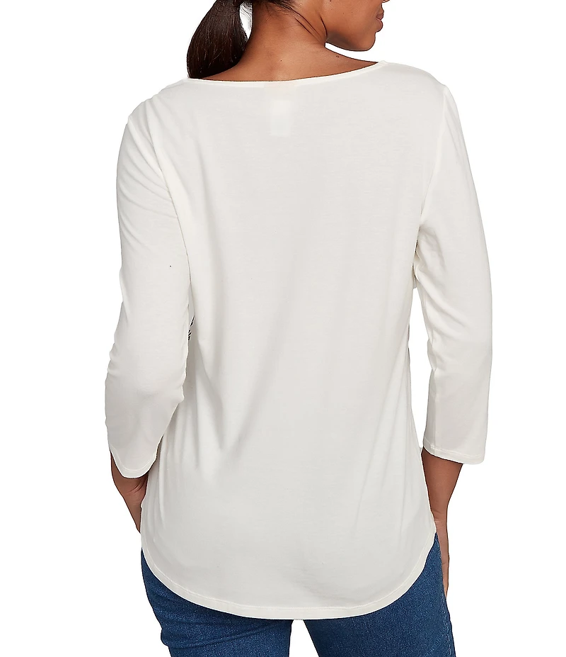Ruby Rd. Petite Size Soft Cotton Blend Snowflake Boat Neck 3/4 Sleeves Top