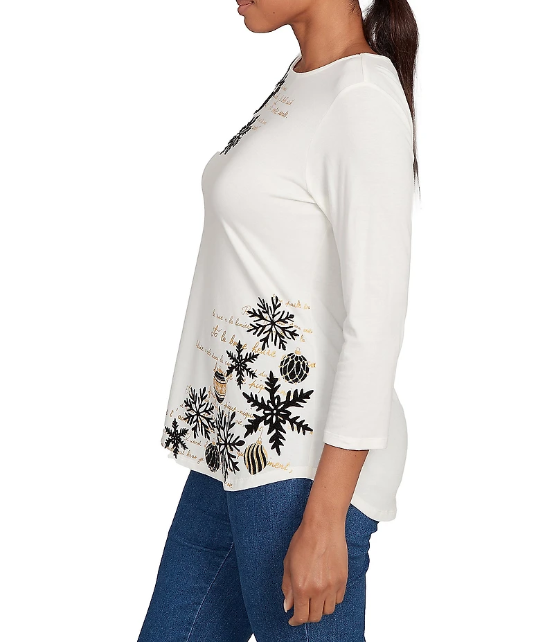 Ruby Rd. Petite Size Soft Cotton Blend Snowflake Boat Neck 3/4 Sleeves Top