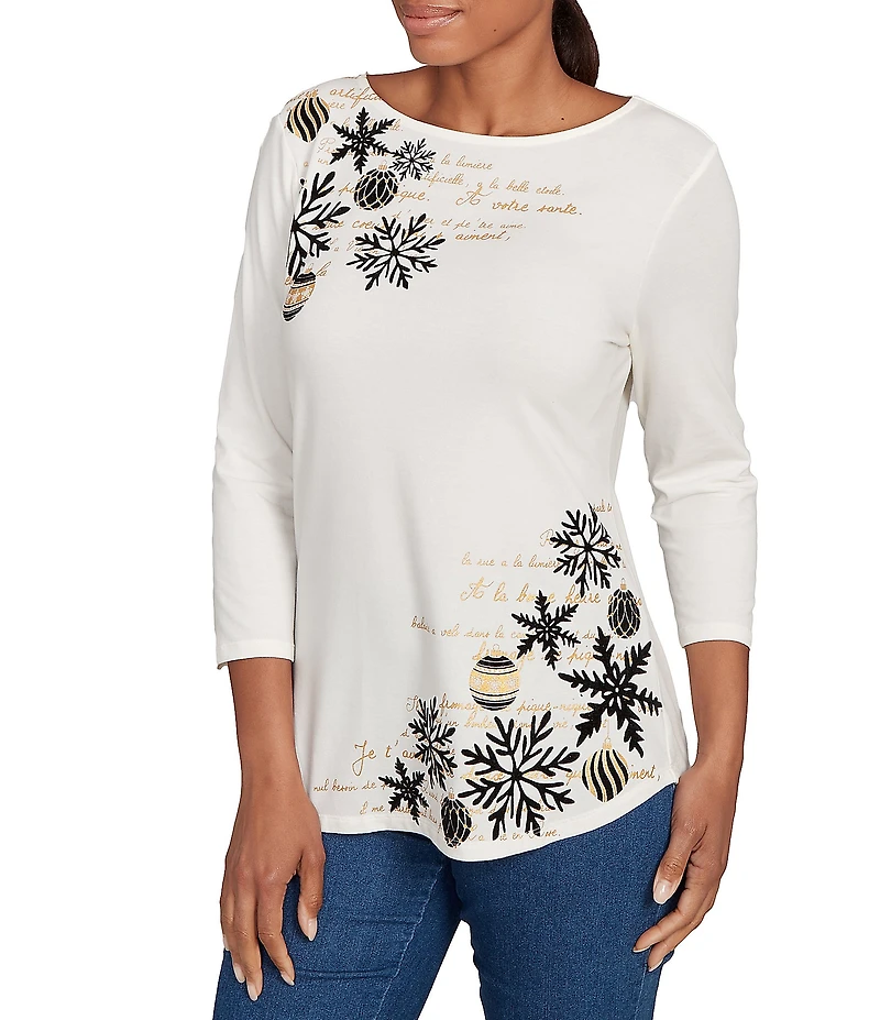 Ruby Rd. Petite Size Soft Cotton Blend Snowflake Boat Neck 3/4 Sleeves Top