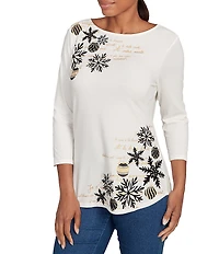 Ruby Rd. Petite Size Soft Cotton Blend Snowflake Boat Neck 3/4 Sleeves Top