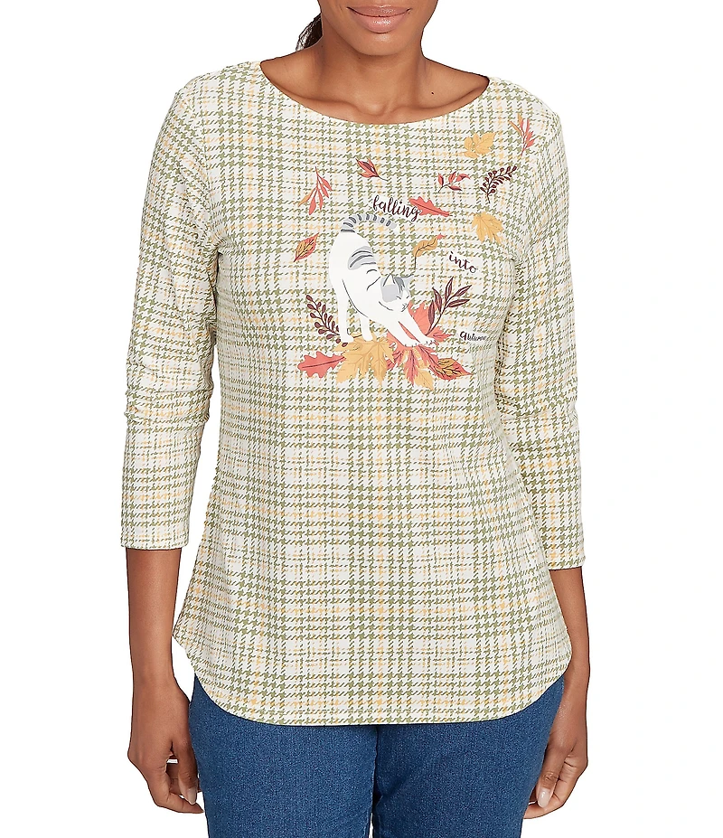 Ruby Rd. Petite Size Soft Cotton-Blend Stripe Cat Boat Neck 3/4 Sleeve Top
