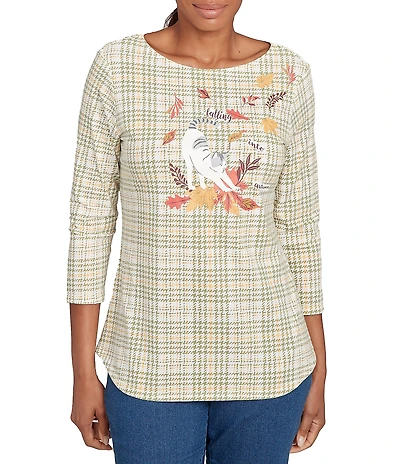 Ruby Rd. Petite Size Soft Cotton-Blend Stripe Cat Boat Neck 3/4 Sleeve Top