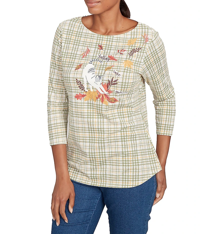 Ruby Rd. Petite Size Soft Cotton-Blend Stripe Cat Boat Neck 3/4 Sleeve Top