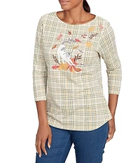 Ruby Rd. Petite Size Soft Cotton-Blend Stripe Cat Boat Neck 3/4 Sleeve Top