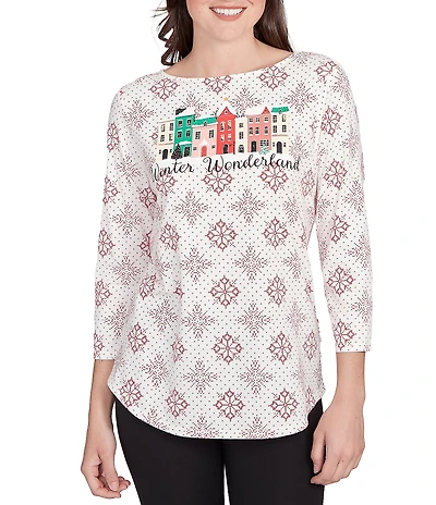Ruby Rd. Petite Size Soft Cotton-Blend Winter Wonderland Snowflake Print Top