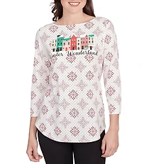 Ruby Rd. Petite Size Soft Cotton-Blend Winter Wonderland Snowflake Print Top