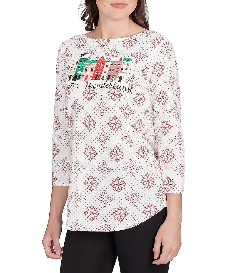 Ruby Rd. Petite Size Soft Cotton-Blend Winter Wonderland Snowflake Print Top