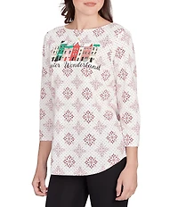 Ruby Rd. Petite Size Soft Cotton-Blend Winter Wonderland Snowflake Print Top