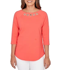 Ruby Rd. Petite Size Soft Cotton Knit Grommet Boat Neck 3/4 Sleeve Top