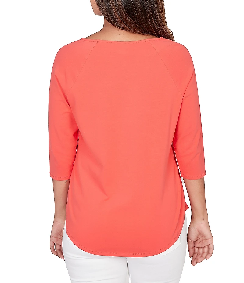 Ruby Rd. Petite Size Soft Cotton Knit Grommet Boat Neck 3/4 Sleeve Top